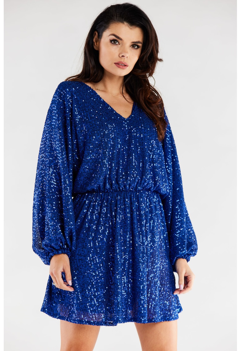 Rochie mini oversize din paiete cu maneci lungi - - Albastru