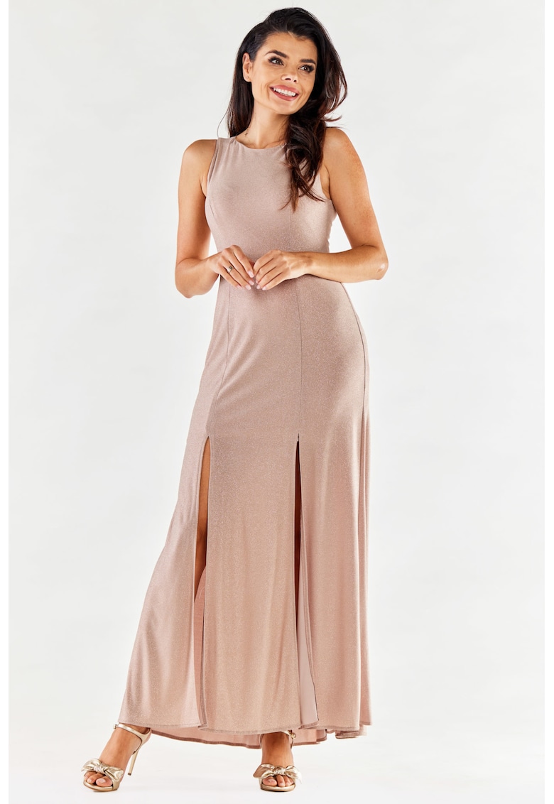 Rochie maxi pe bretele late din tricot stralucitor - - Bej