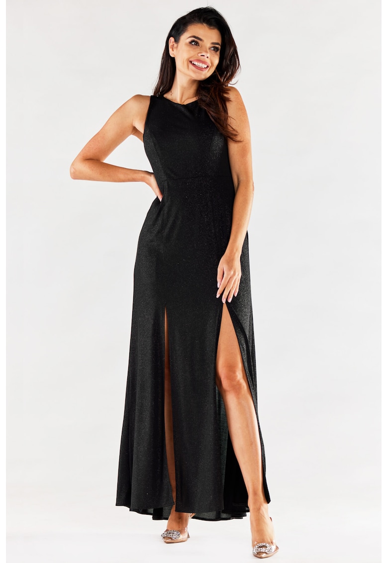 Rochie maxi pe bretele late din tricot stralucitor - - Negru