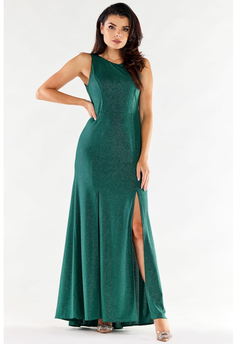 Rochie maxi pe bretele late din tricot stralucitor - - Verde