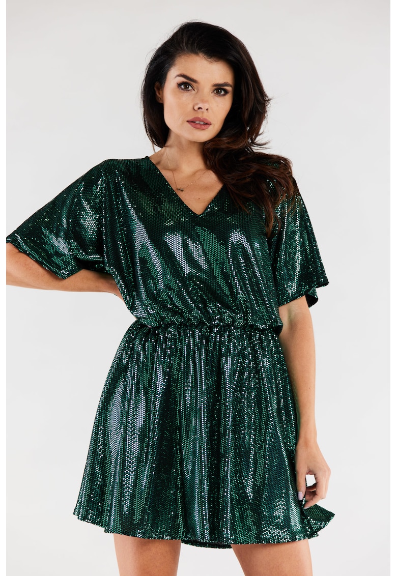 Rochie mini tip chimono cu decolteu in V si maneci scurte - - Verde