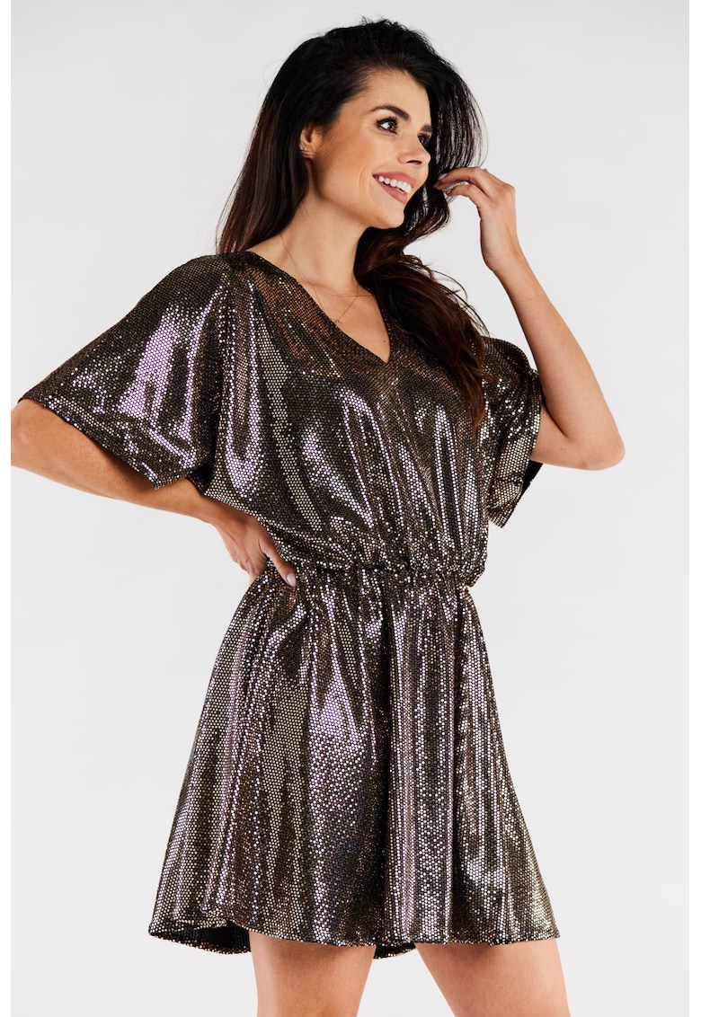 Rochie mini tip chimono cu decolteu in V si maneci scurte - - Auriu