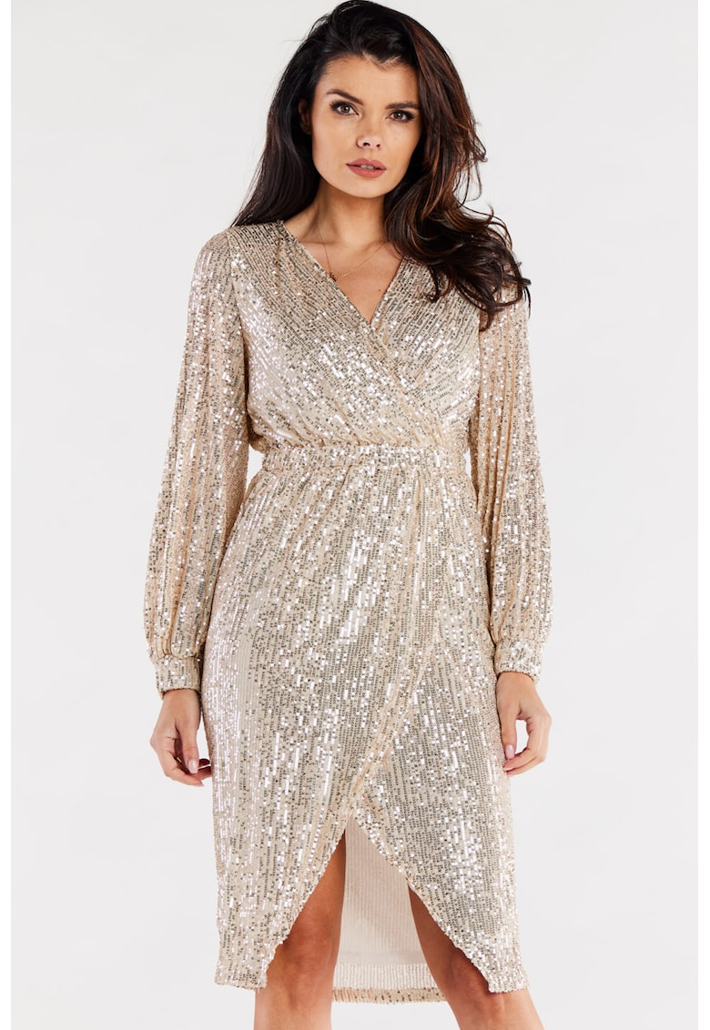 Rochie asimetrica cu paiete - decolteu petrecut si maneci lungi - - Bej