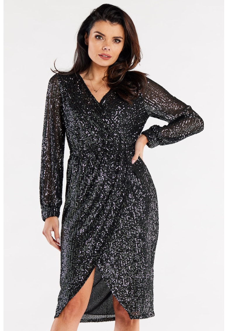 Rochie asimetrica cu paiete - decolteu petrecut si maneci lungi - - Negru