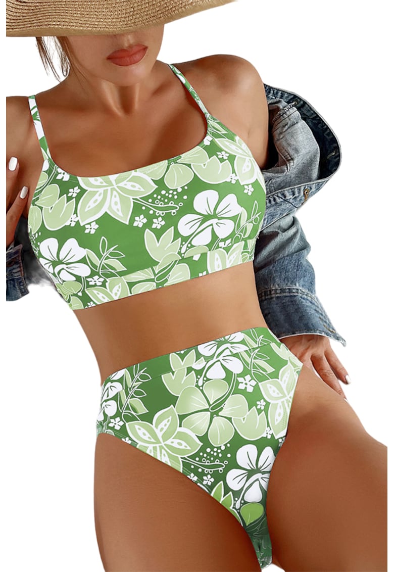 Costum de baie dama - 2 piese - model floral - sutien tip bustiera si chilot cu talie inalta - EFAYN