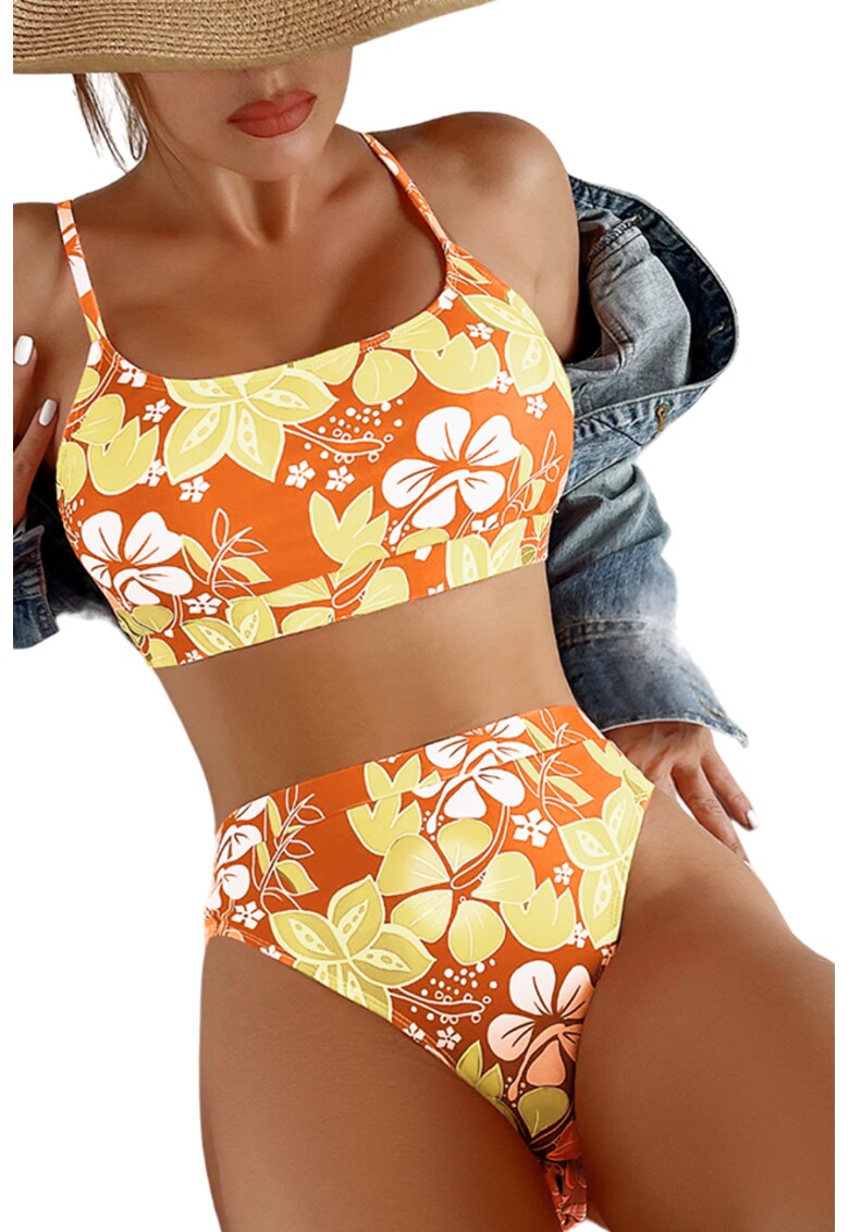 Costum de baie dama - 2 piese - model floral - sutien tip bustiera si chilot cu talie inalta - EFAYN