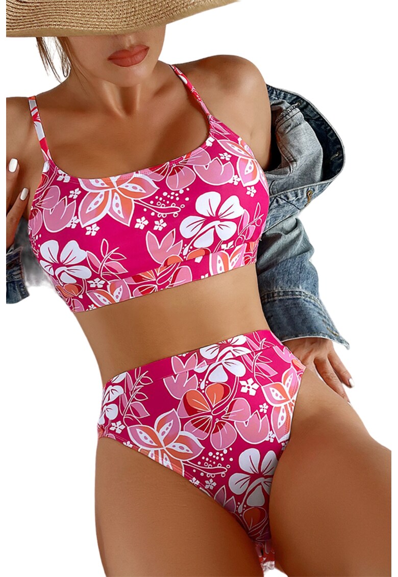 Costum de baie dama - 2 piese - model floral - sutien tip bustiera si chilot cu talie inalta - EFAYN