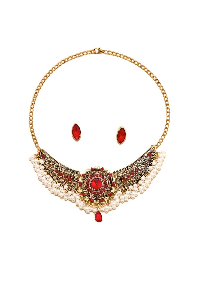 Set colier si cercei - auriu - stil indian - cu pietre rosii si perlute - Yanick C7 - Set colier si cercei - auriu - stil indian - cu pietre rosii si perlute - Yanick C7 -