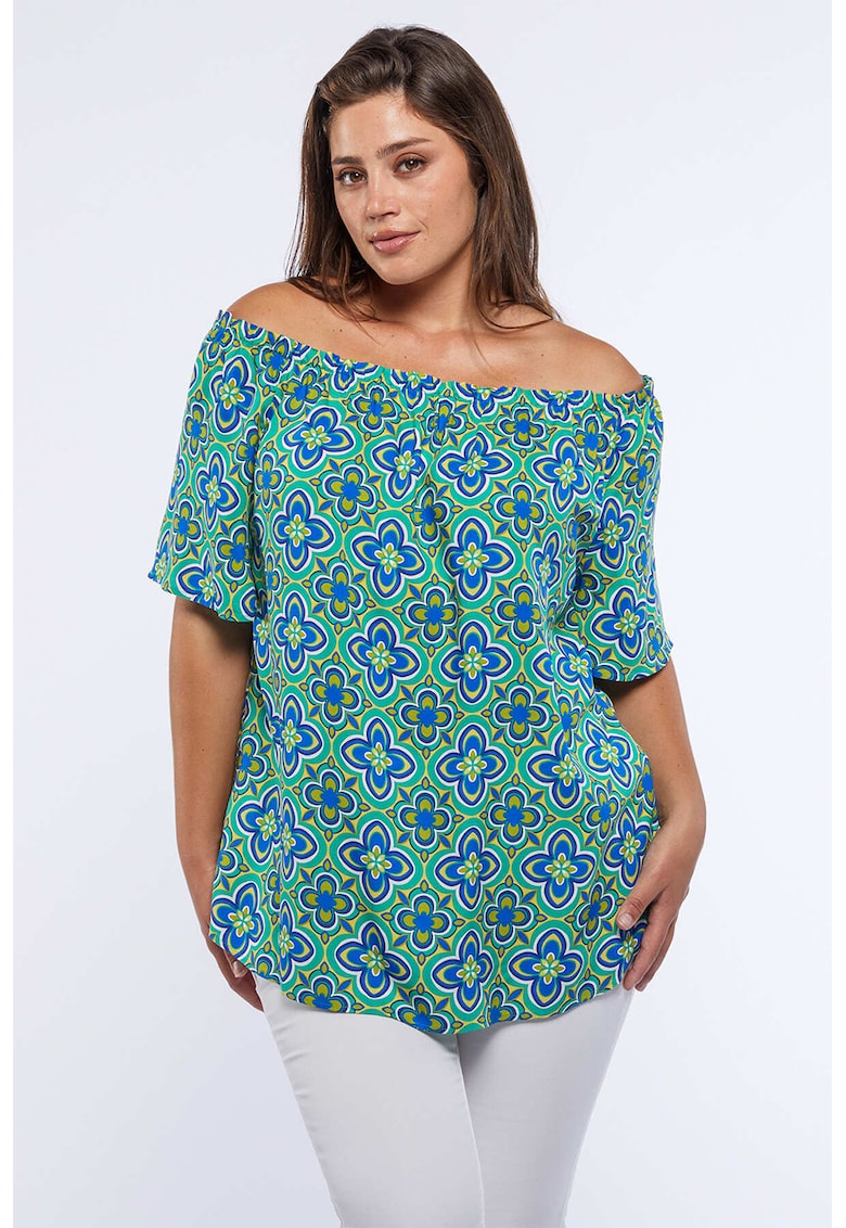 Bluza cu imprimeu floral si decolteu pe umeri