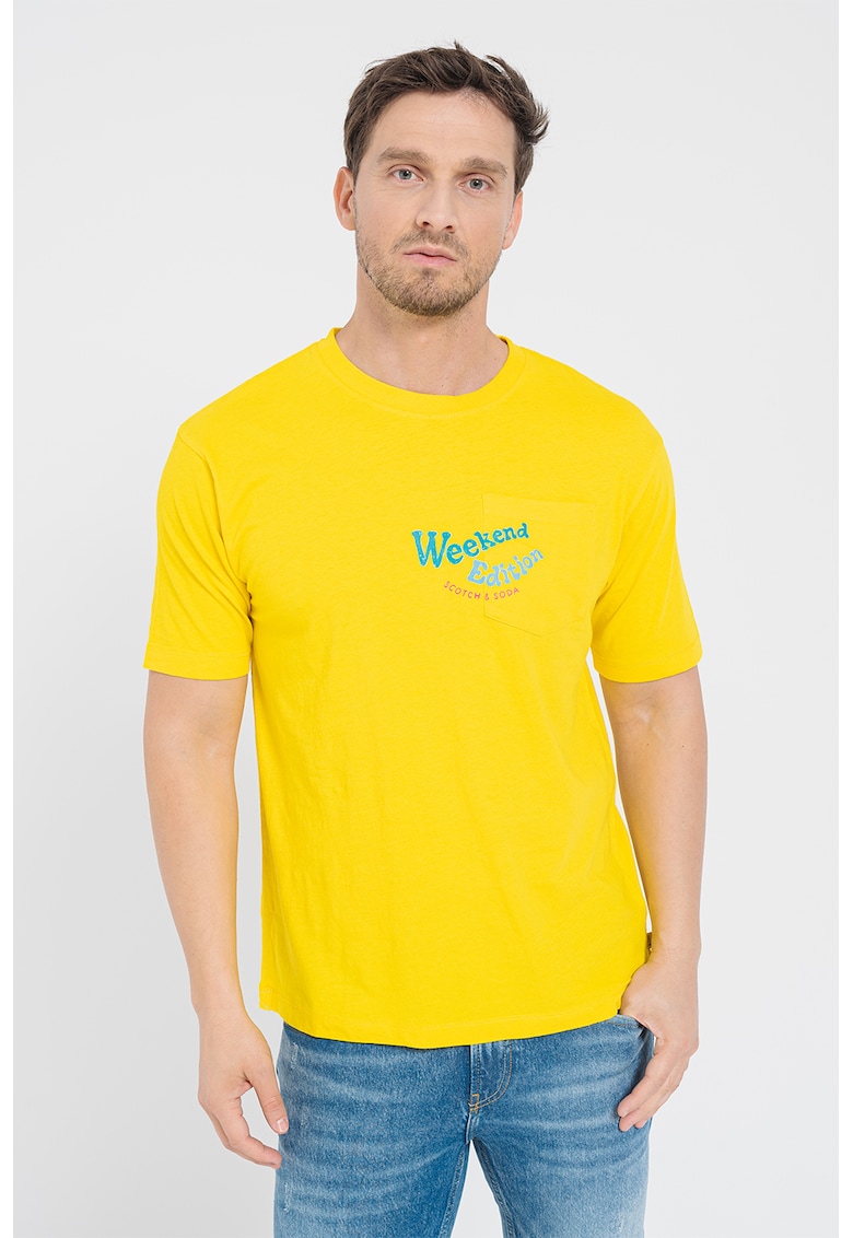 Tricou din amestec de in cu buzunar pe piept