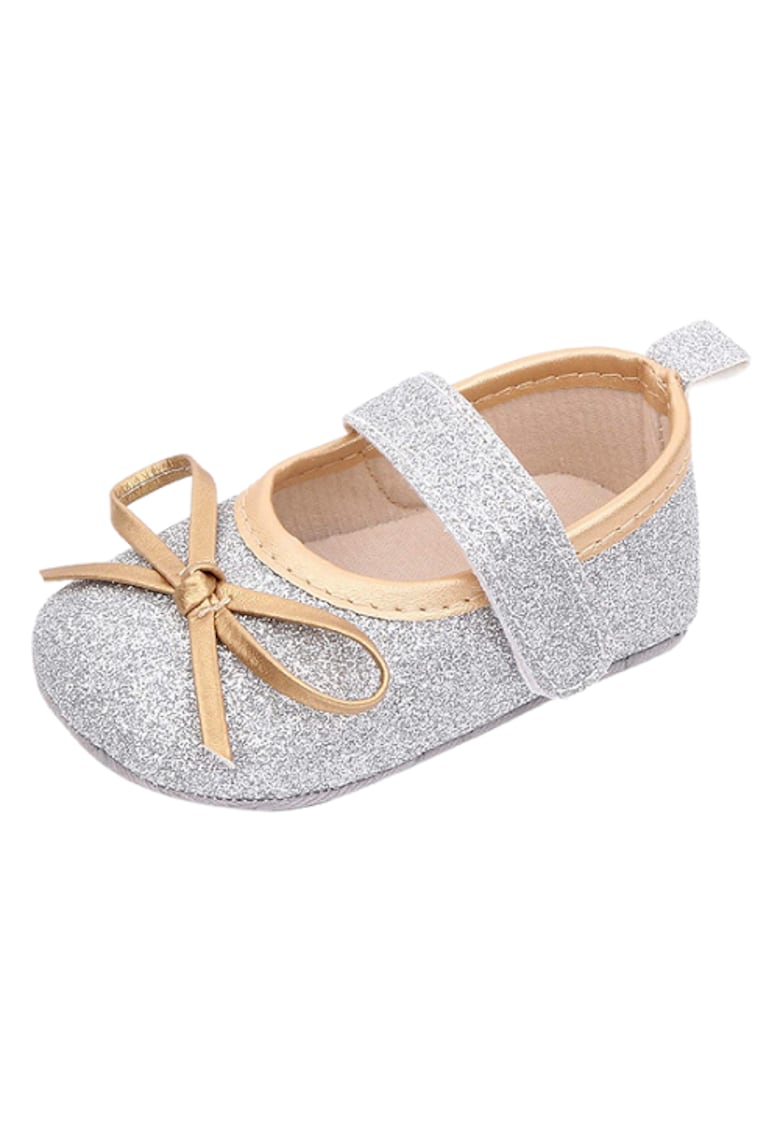 Pantofi Cu Fundita Aurie - Elegant - Piele ecologica - Fete - Velcro - Argintiu