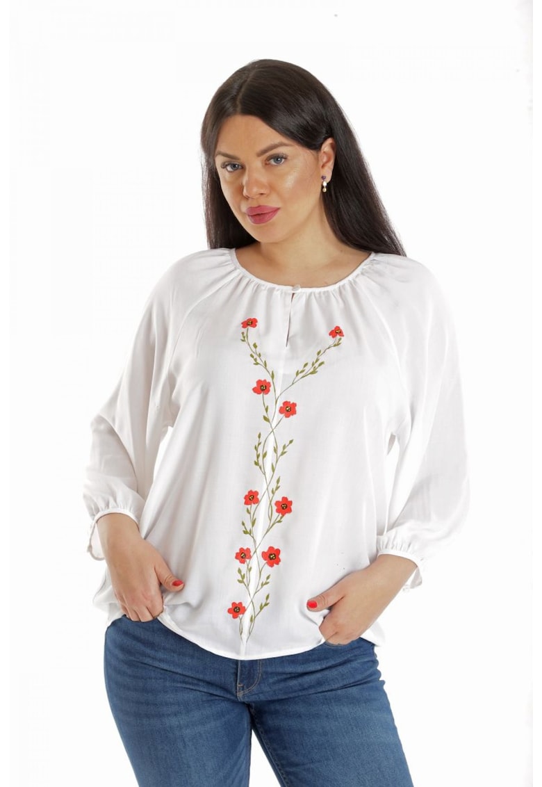 888141924-Bluza Dama - Ampla - Alba cu model Floral pictat manual