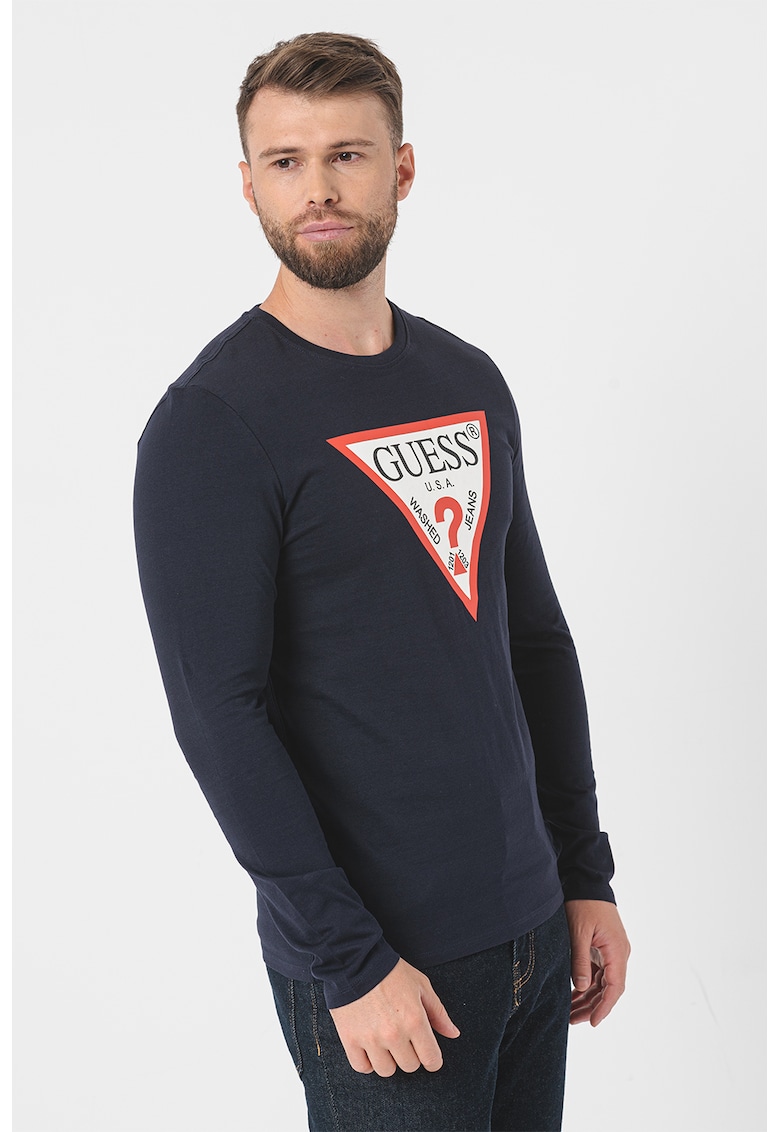 Bluza slim fit de bumbac cu imprimeu logo - Albastru ultramarin