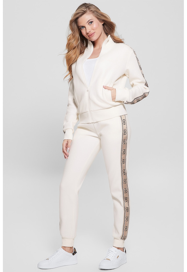 Pantaloni de trening cu croiala conica si segmente laterale cu logo - Crem