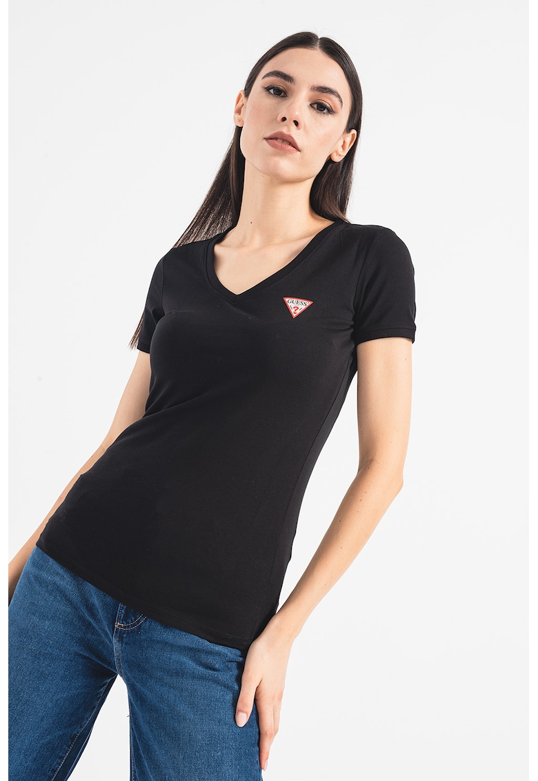 Tricou slim fit cu decolteu in V - Negru