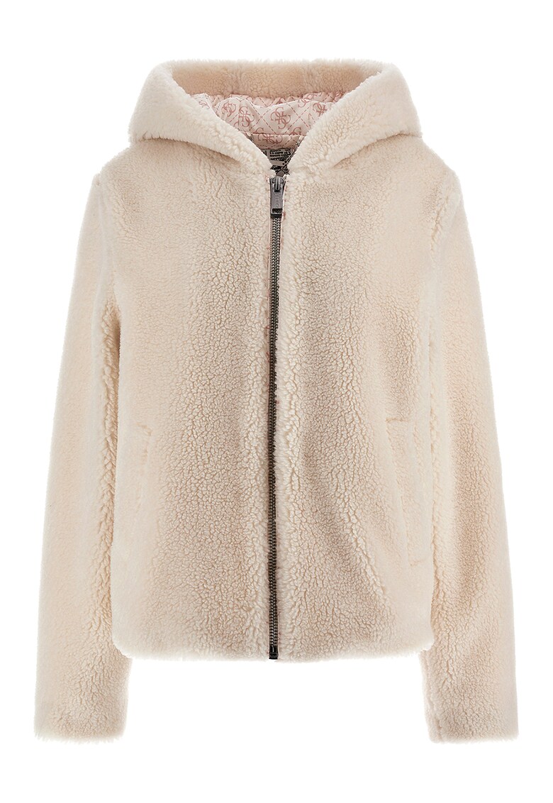 Jacheta din blana shearling sintetica cu gluga si imprimeu logo