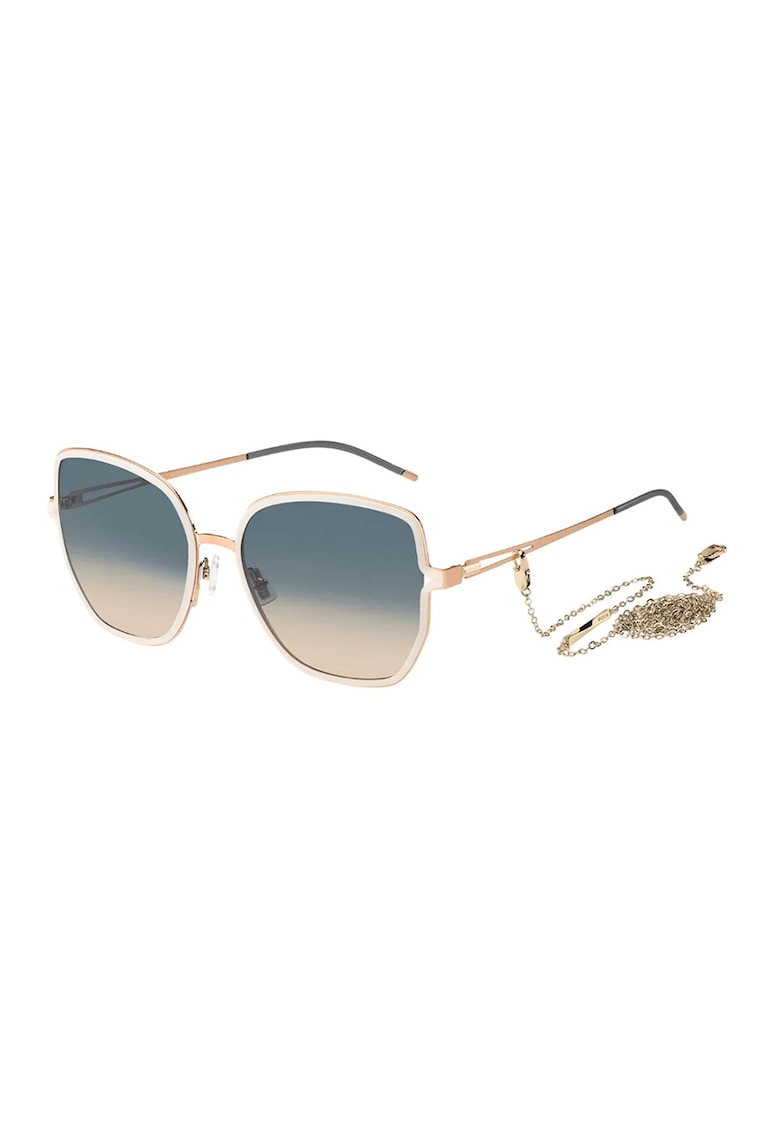Ochelari de soare patrati cu accesoriu lant detasabill - Negru/Auriu rose