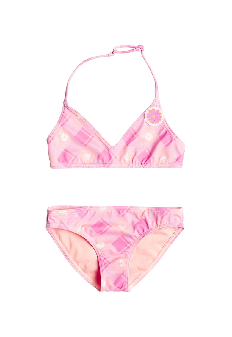 Costum de bai in doua piese - cu imprimeu Flower Plaid - Roz deschis