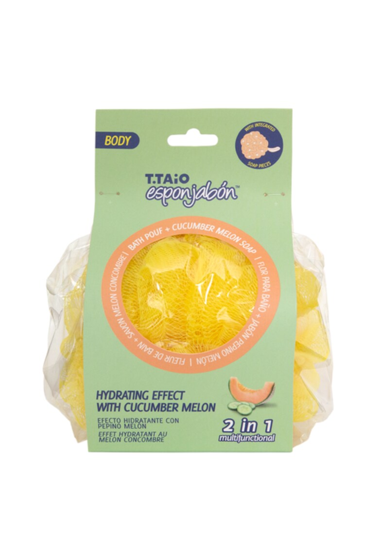 2 in 1 Burete de dus cu plasa exfolianta si sapun incorporat - cu parfum de castraveti si pepene galben - efect hidratant - 1 buc