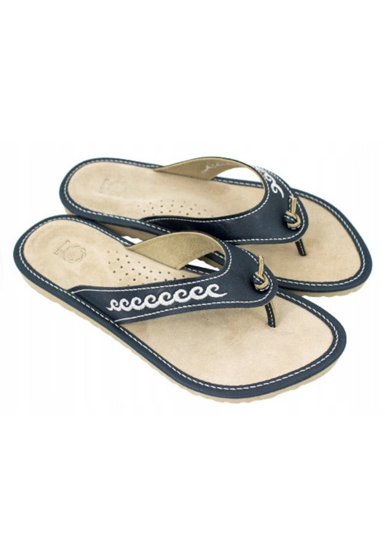 Papuci de dama - Piele - Crem/Bleumarin