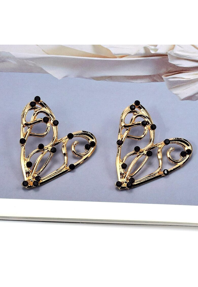 Cercei aurii - forma de inima - cu pietre negre - Angelo C5