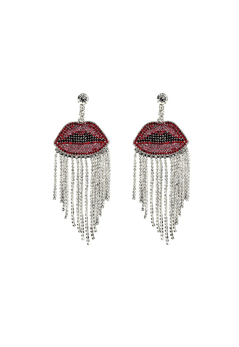 Cercei argintii - lungi - forma de buze - cu franjuri si pietre - Angelia C5