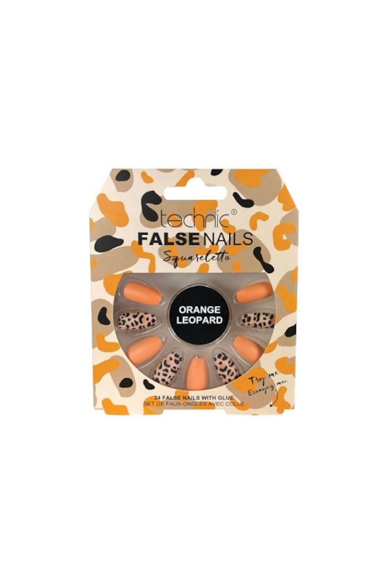 Set 24 Unghii False -  False Nails - Squareletto - Orange Leopard - Adeziv inclus
