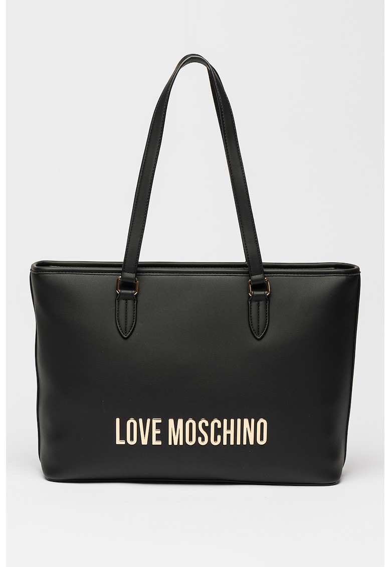 Geanta shopper din piele ecologica cu logo - Negru