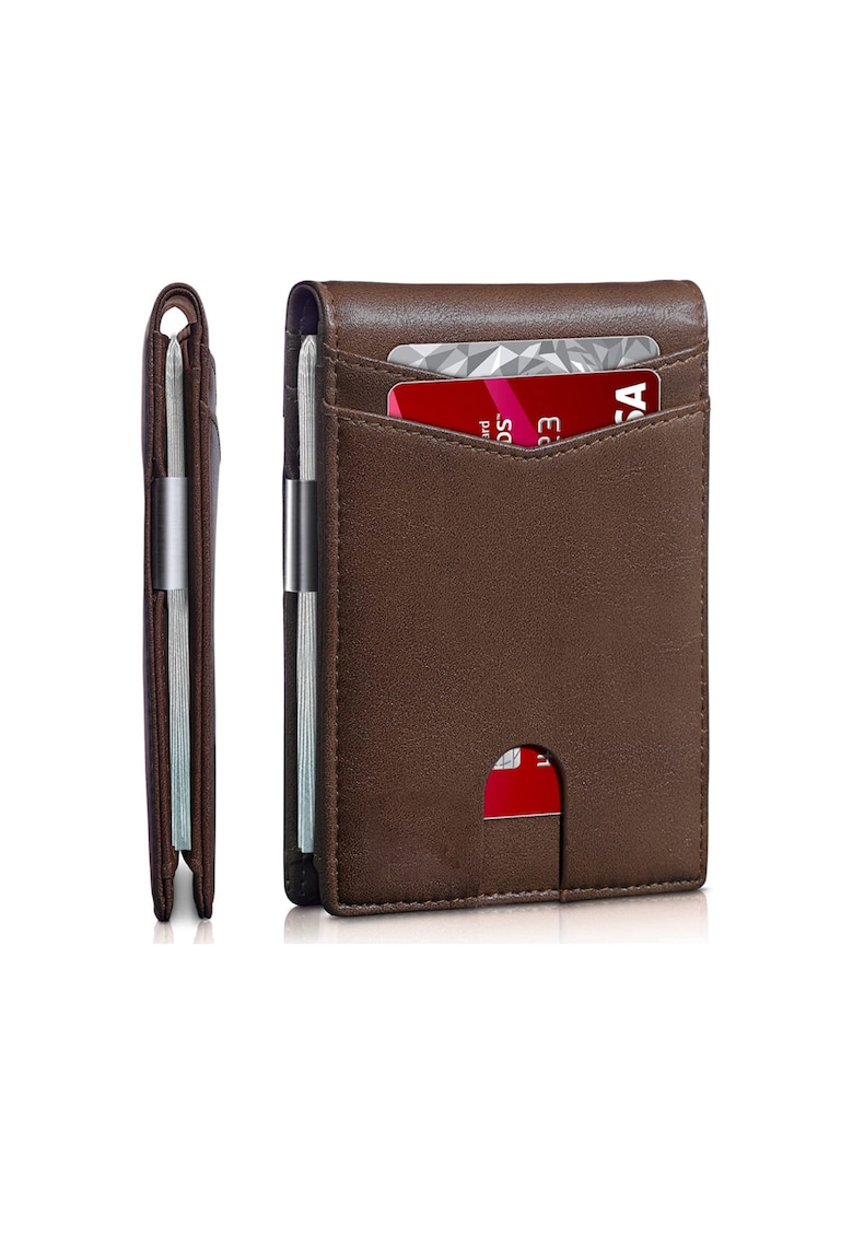 Portofel din piele pentru barbati - cu agrafa pentru bani subtire 1 -5cm - suport bifold pentru card de credit cu blocare RFID - maro
