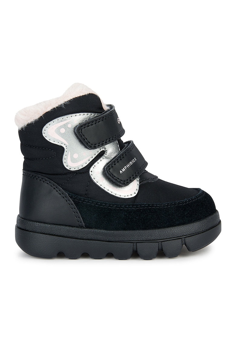 Ghete impermeabile cu velcro si detalii de piele intoarsa - Negru/Roz pal