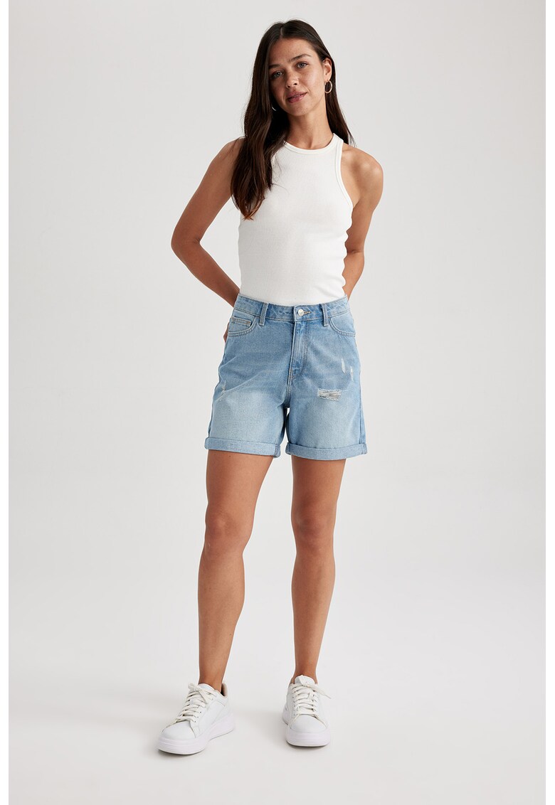 Bermude din denim cu aspect deteriorat si decolorat