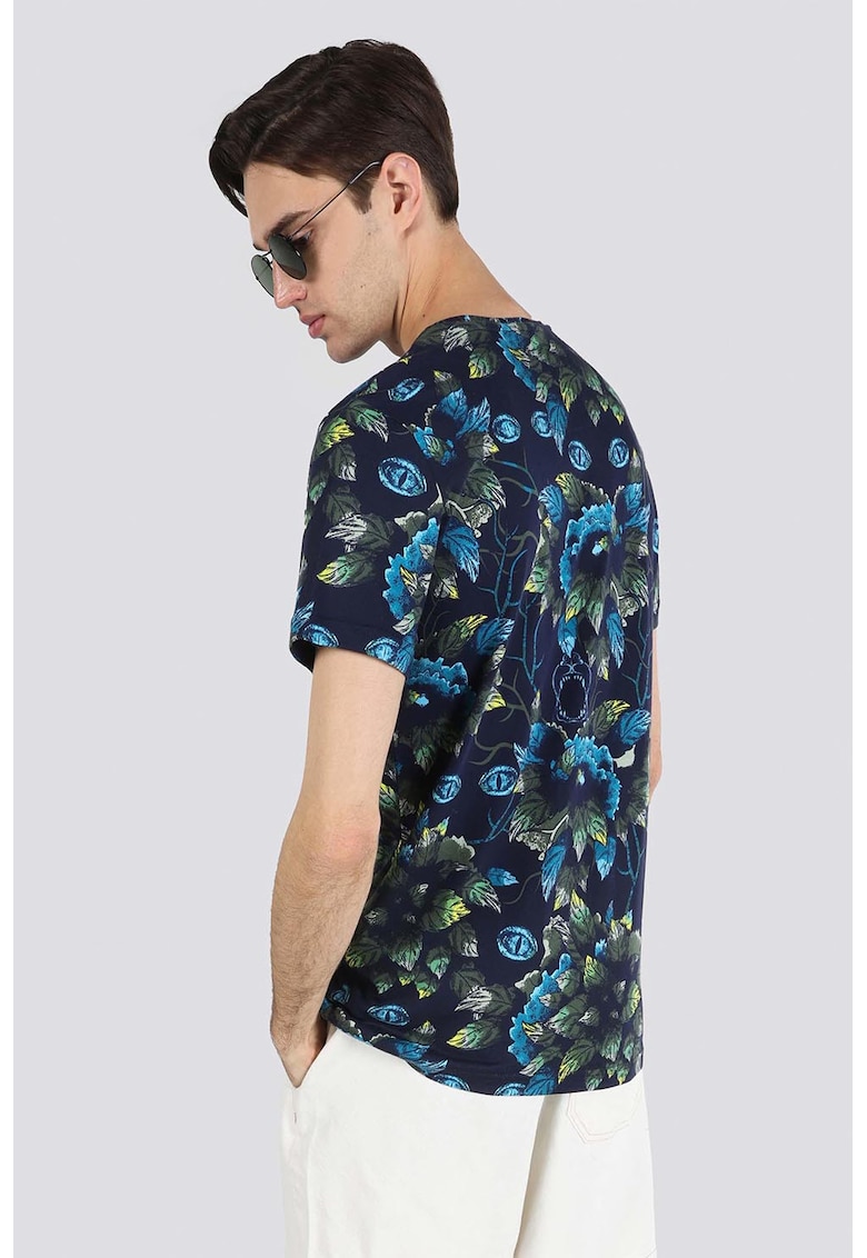 Tricou cu decolteu la baza gatului si imprimeu floral - Galben/Albastru inchis/Kaki