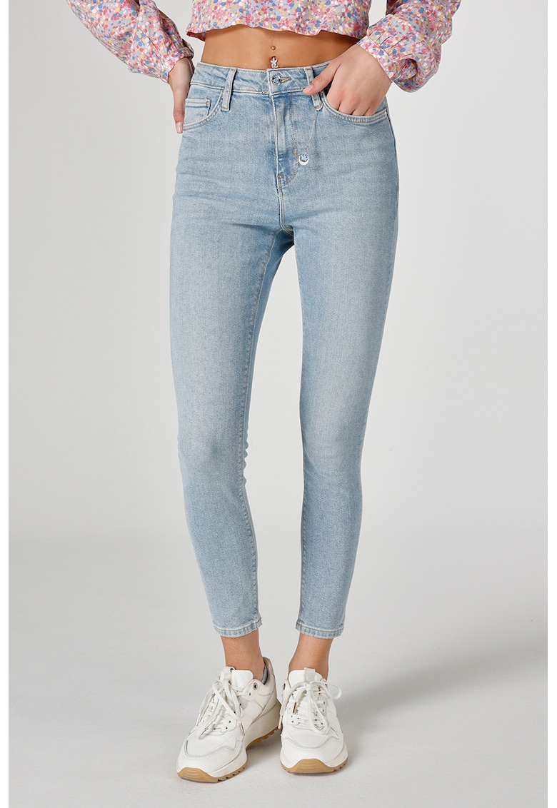 Blugi crop cu talie inalta si aspect decolorat