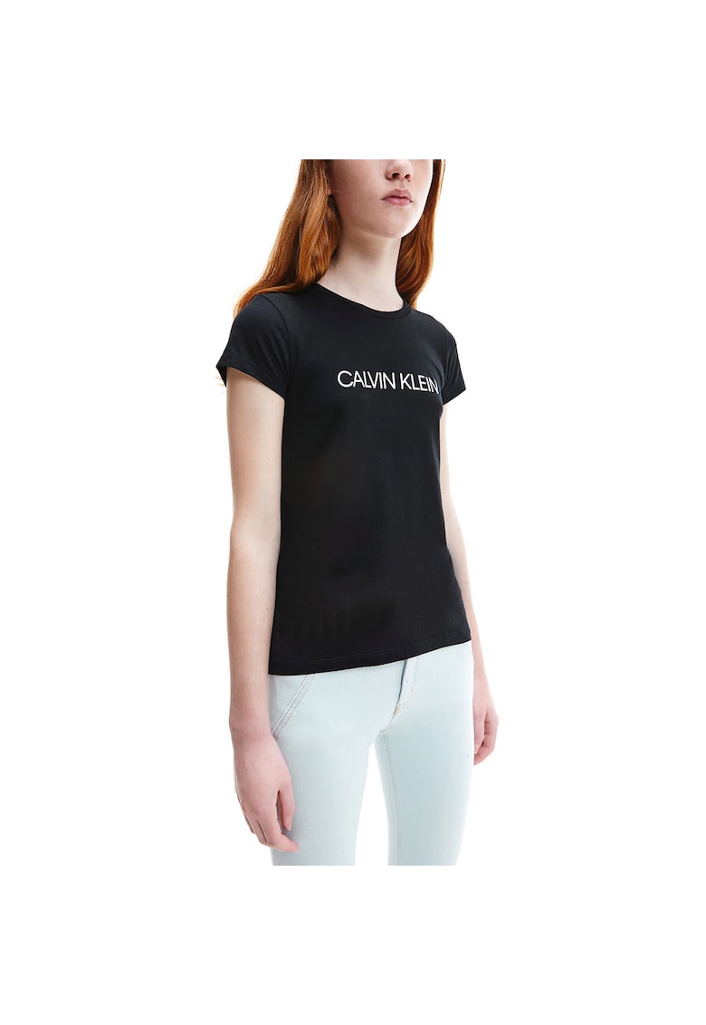Tricou fete - slim fit - cu logo - Bumbac - Negru - 4 ani