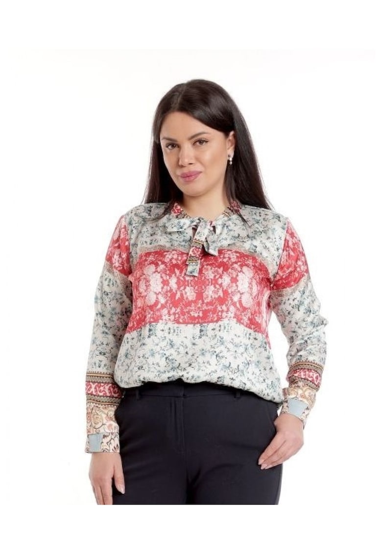 888142603-Bluza Dama din Satin cu Funda - Gri cu Rosu si imprimeu