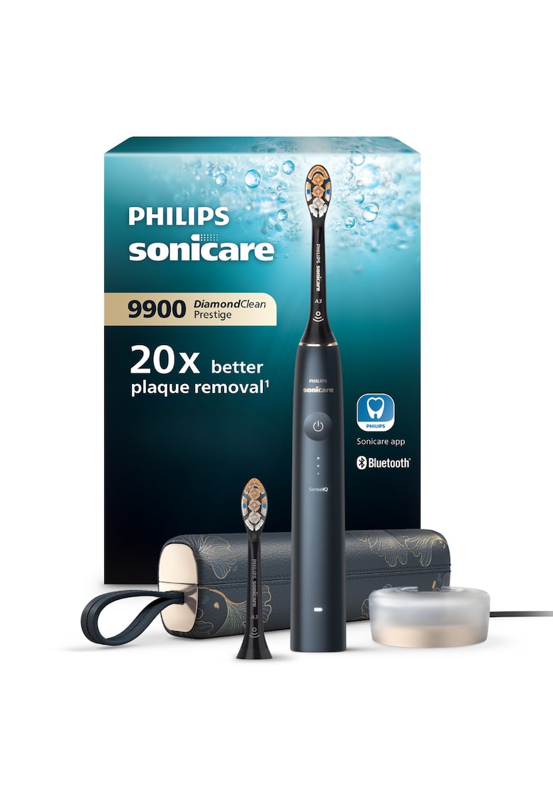 Periuta electrica sonica Philips Prestige 9900 - 62000 miscari/minut - tehnologie SenseIQ - aplicatie Sonicare cu inteligenta artificiala - wireless Bluetooth - senzori - 5 moduri personalizabile - 1 cap de periere - toc de incarcare USB - Albastru
