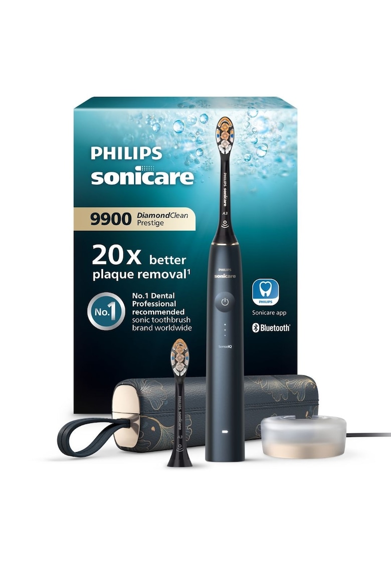 Periuta electrica sonica Philips Prestige 9900 - 62000 miscari/minut - tehnologie SenseIQ - aplicatie Sonicare cu inteligenta artificiala - wireless Bluetooth - senzori - 5 moduri personalizabile - 1 cap de periere - toc de incarcare USB - Albastru