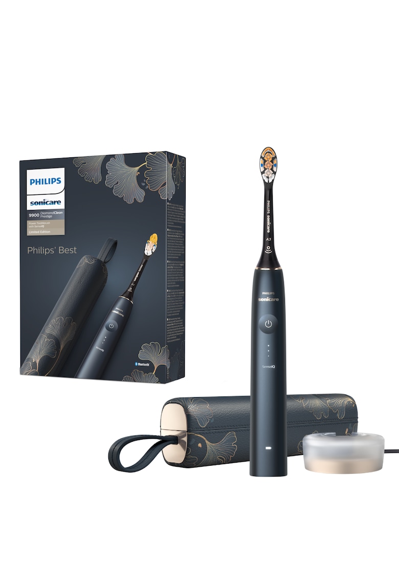 Periuta electrica sonica Philips Prestige 9900 - 62000 miscari/minut - tehnologie SenseIQ - aplicatie Sonicare cu inteligenta artificiala - wireless Bluetooth - senzori - 5 moduri personalizabile - 1 cap de periere - toc de incarcare USB