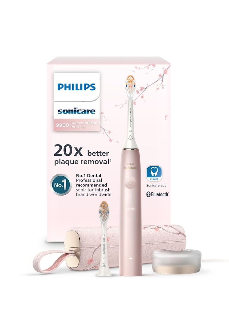 Periuta electrica sonica Philips Prestige 9900 - 62000 miscari/minut - tehnologie SenseIQ - aplicatie Sonicare cu inteligenta artificiala - wireless Bluetooth - senzori - 5 moduri personalizabile - 1 cap de periere - toc de incarcare USB - Roz