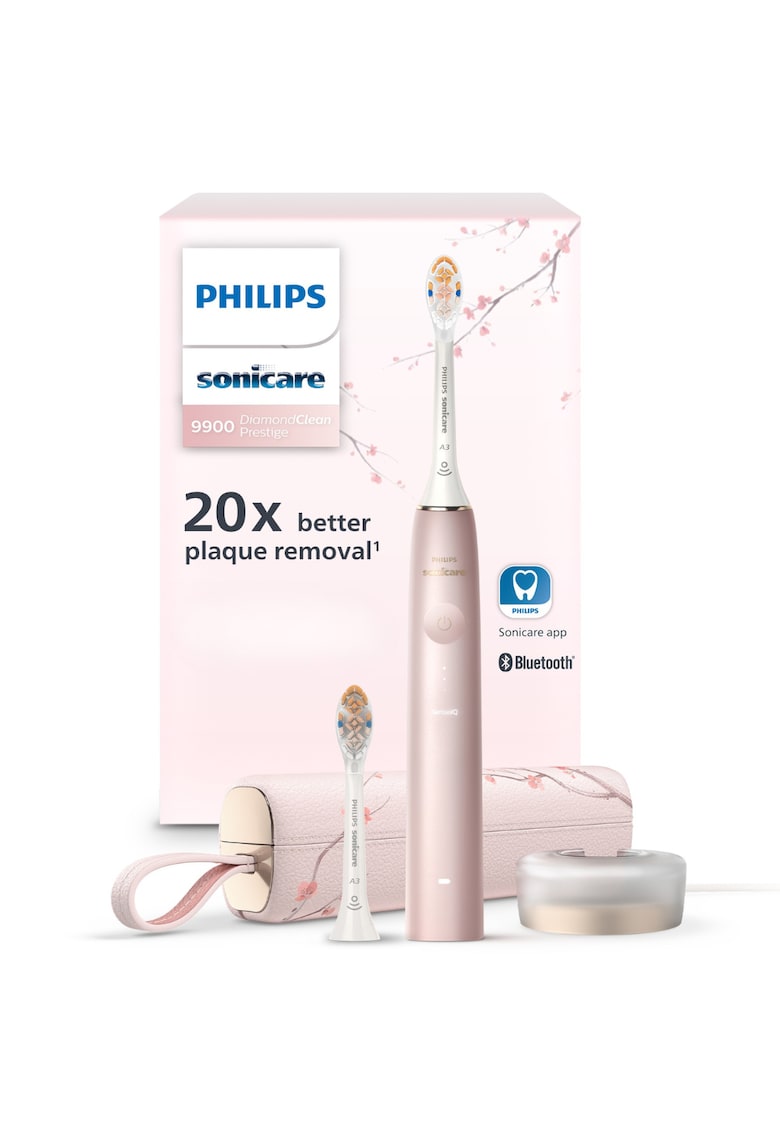 Periuta electrica sonica Philips Prestige 9900 - 62000 miscari/minut - tehnologie SenseIQ - aplicatie Sonicare cu inteligenta artificiala - wireless Bluetooth - senzori - 5 moduri personalizabile - 1 cap de periere - toc de incarcare USB - Roz