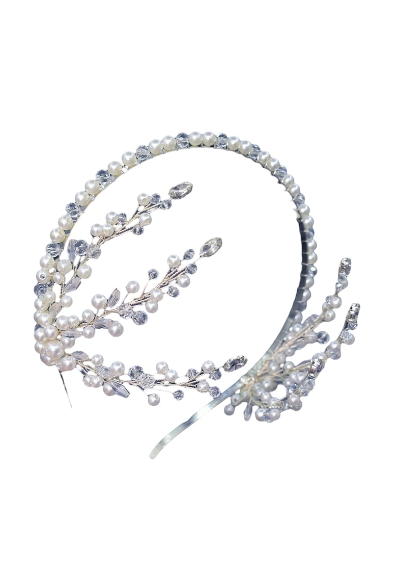 Accesoriu de par argintiu - cu frunzulite laterale - cristale si perle - Bartha C2