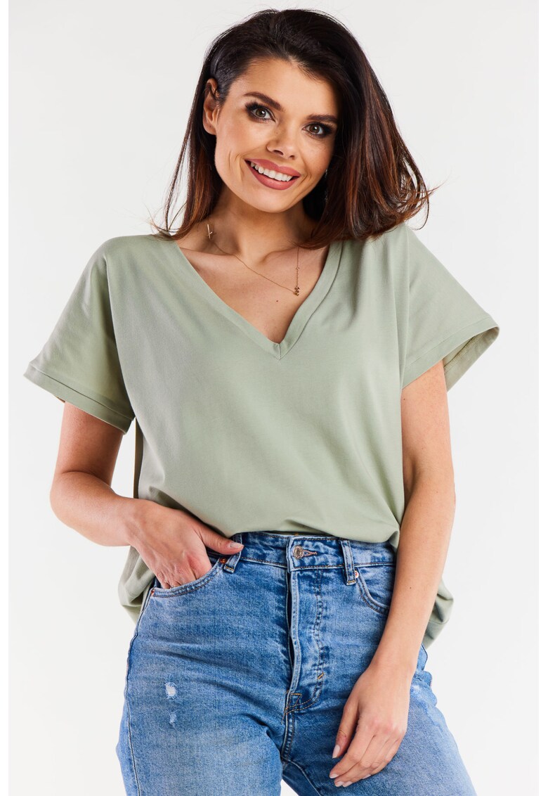 Bluza Dama - Awama - Material Bumbac - Stil Zilnic - Uni - Croi Regular - Fara Inchidere - Maneci Scurte - Decolteu In Forma De V - Fara Buzunare - One Size - Menta