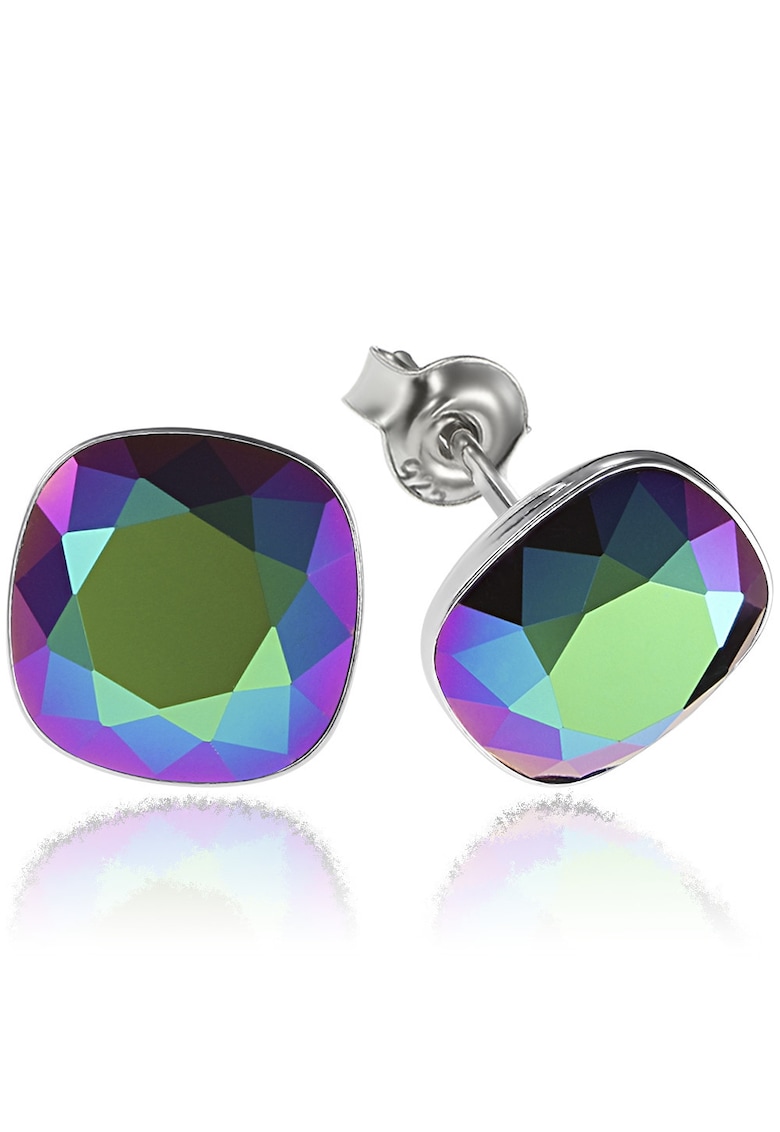 Cercei Argint 925 placat cu rodiu cu cristale Swarovski® Princess Square 10mm Scarabeus Green Surub