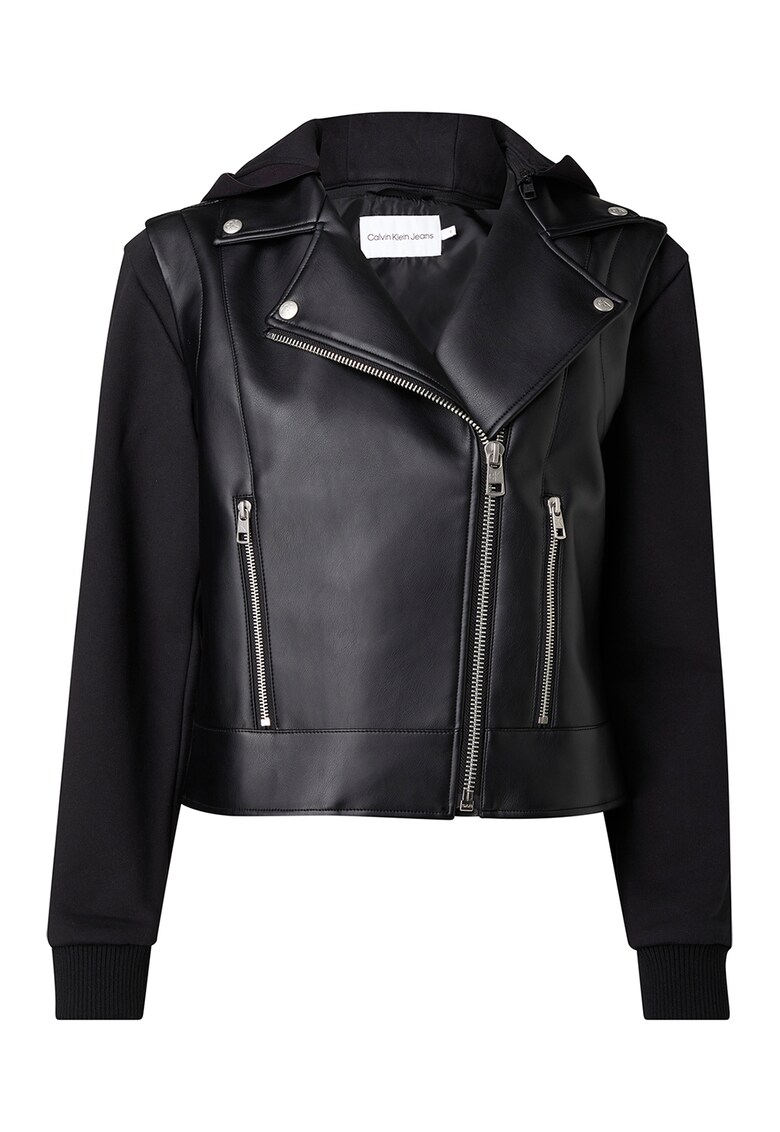 Jacheta biker de piele ecologica cu gluga - Negru
