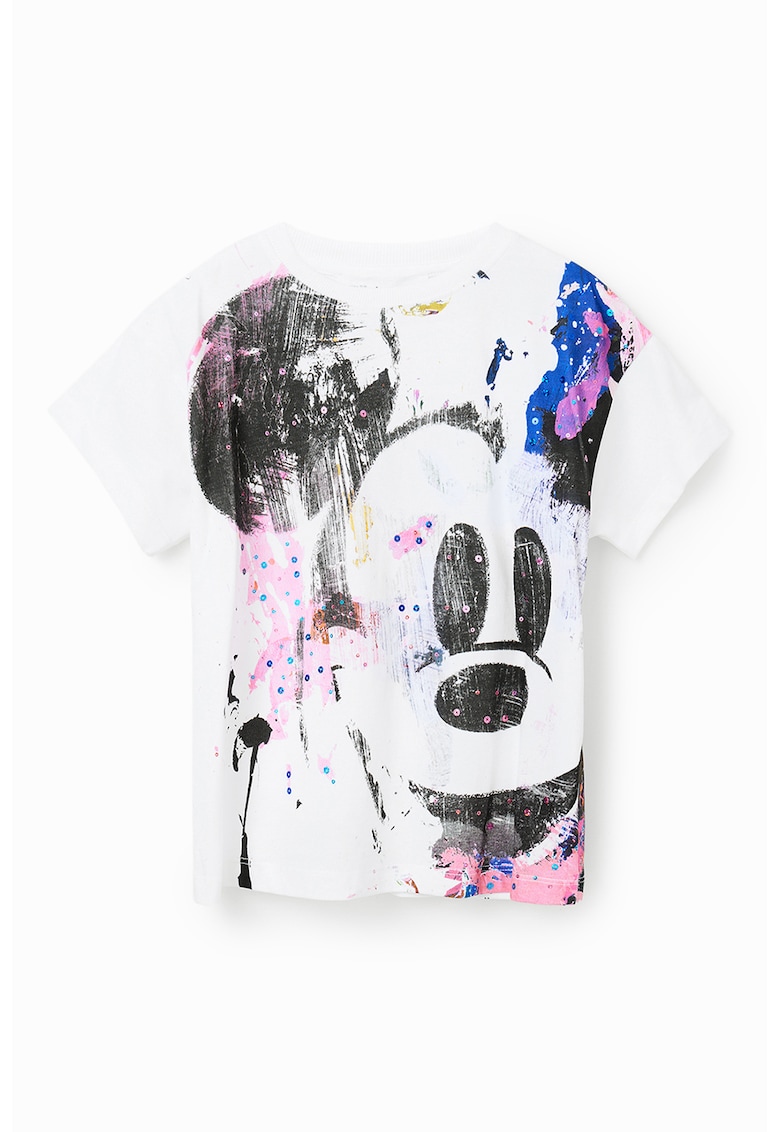 Tricou cu decolteu la baza gatului si imprimeu Mickey Mouse - Alb/Negru/Albastru