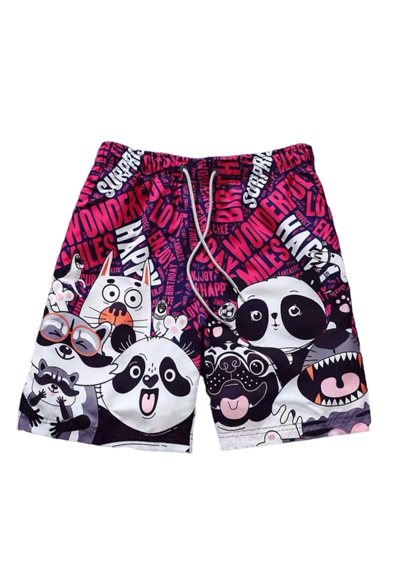 Pantaloni scurti de baie tip sort - barbati - imprimeu ursuleti panda si prietenii lor - model regatul animalelor fericite - uscare rapida - EFAYN