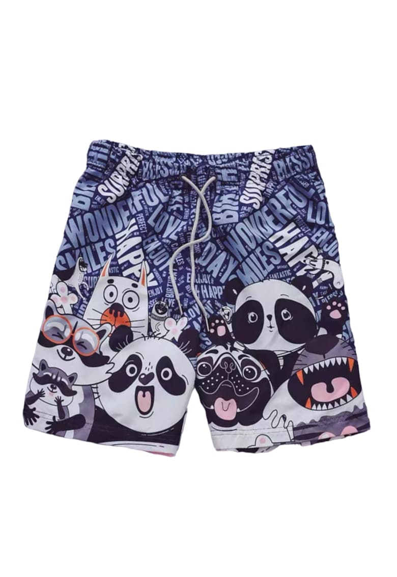 Pantaloni scurti de baie tip sort - barbati - imprimeu ursuleti panda si prietenii lor - model regatul animalelor fericite - uscare rapida - EFAYN