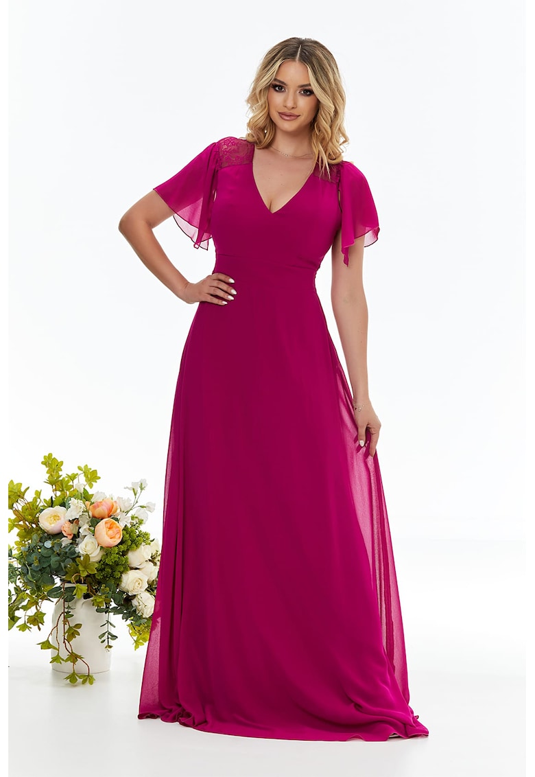 Rochie maxi cu decolteu in V si segment brodat pe partea din spate - Fucsia