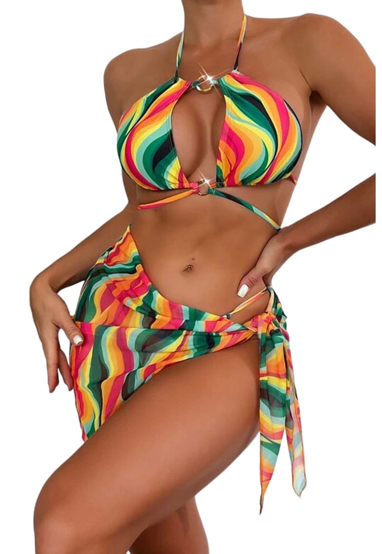 Costum de baie dama - 3 piese - model jungle colorat crossbody - cu fusta tip cover up - EFAYN