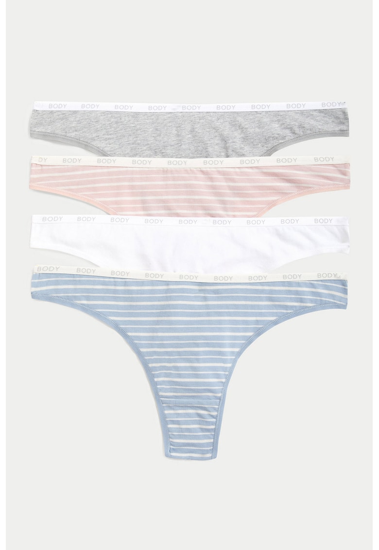 Set de chiloti tanga cu talie joasa - 4 perechi - Alb/Roz/Albastru